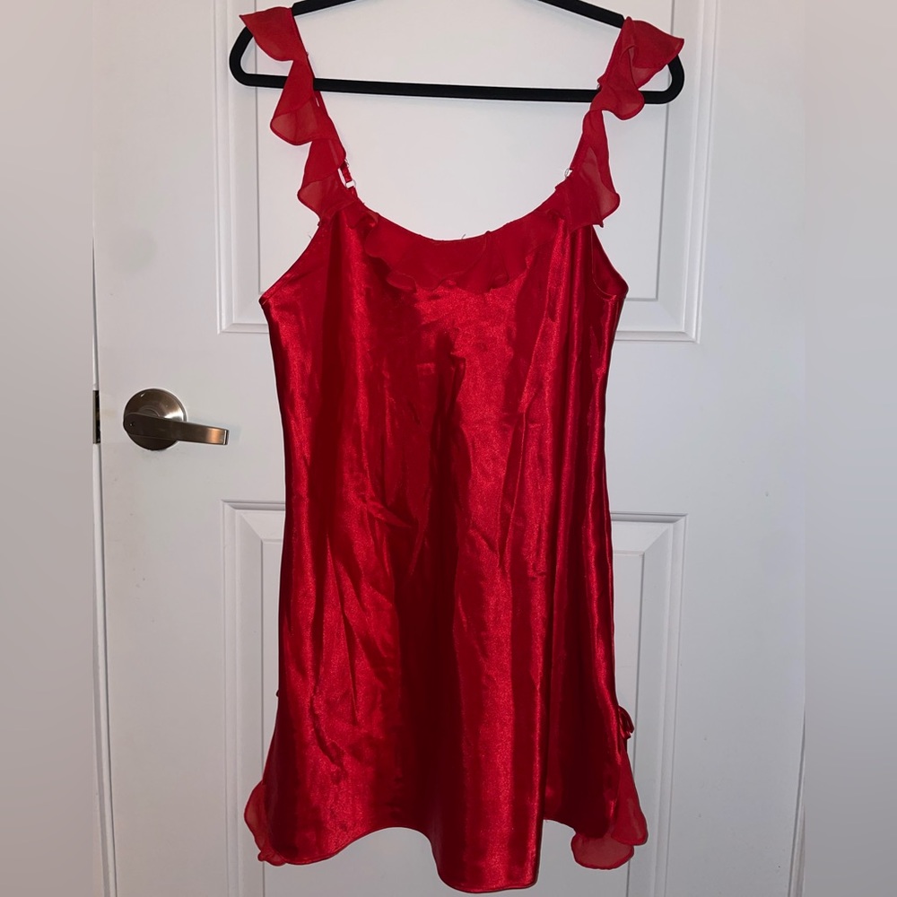 Red Satin ruffle slip dress